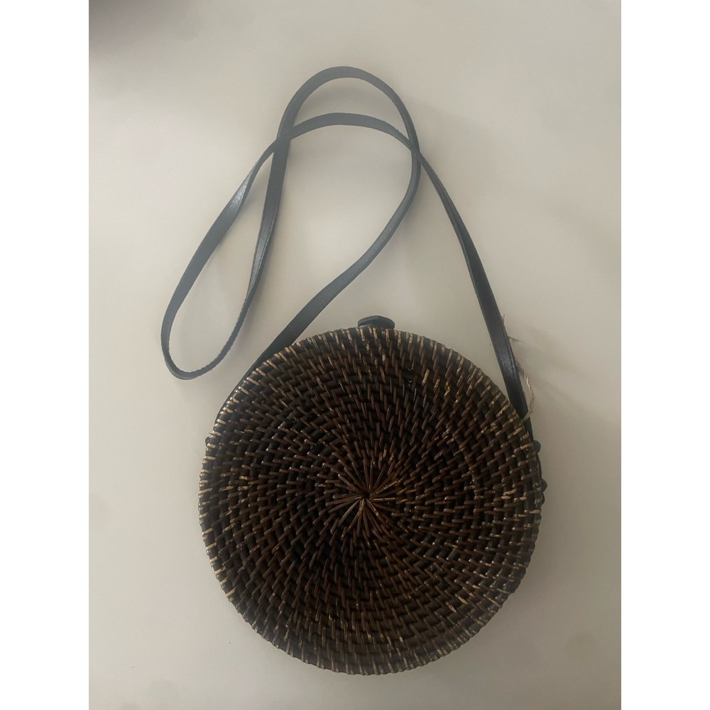 Round Rattan Crossbody Bag Woven Straw Circle Purse Brown Floral Lining Boho